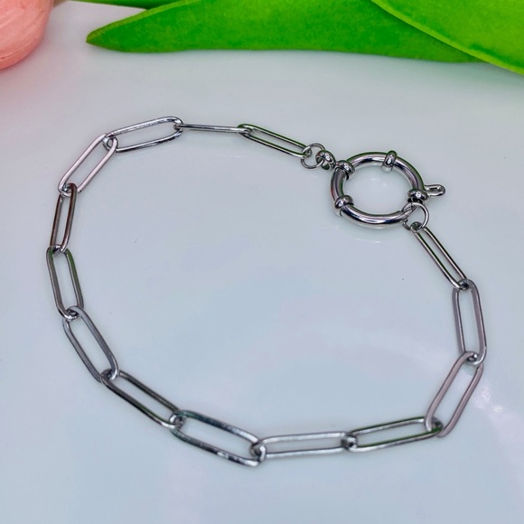 Paper Clip Link Spring Mariner Clasp Stackable Bracelet Silver - Picture 5 of 6